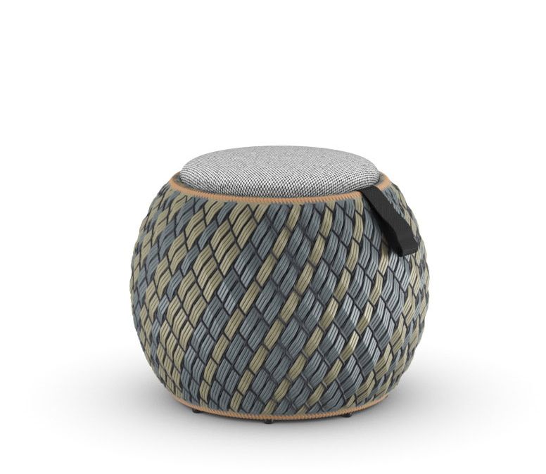 Dala Hocker Ø60cm: Geflochtener Outdoor Hocker mit grauem Sitzkissen und Tragegriff, ideal für Garten und Terrasse.