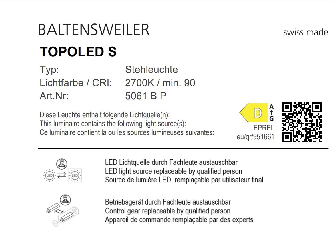 Detailansicht der Baltensweiler TOPOLED S Stehleuchte in Bronze mit technischen Daten und Hinweisen.