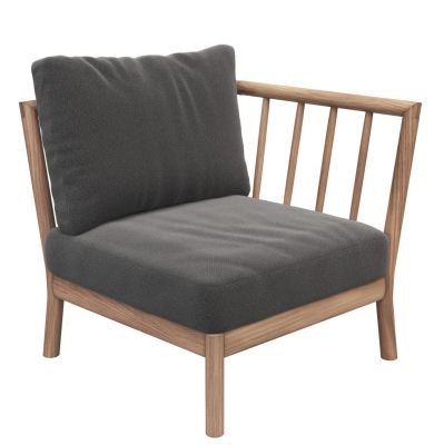 Tradition End Modul Sofa von Skagerak by Fritz Hansen mit grauem Kissen und Holzrahmen.