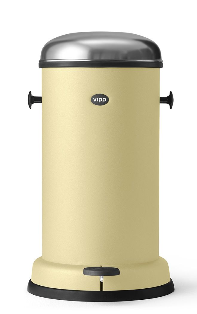 Marie´s Yellow Vipp Treteimer Limited Edition: Gelber Abfalleimer mit Edelstahl-Deckel und schwarzem Fuß.