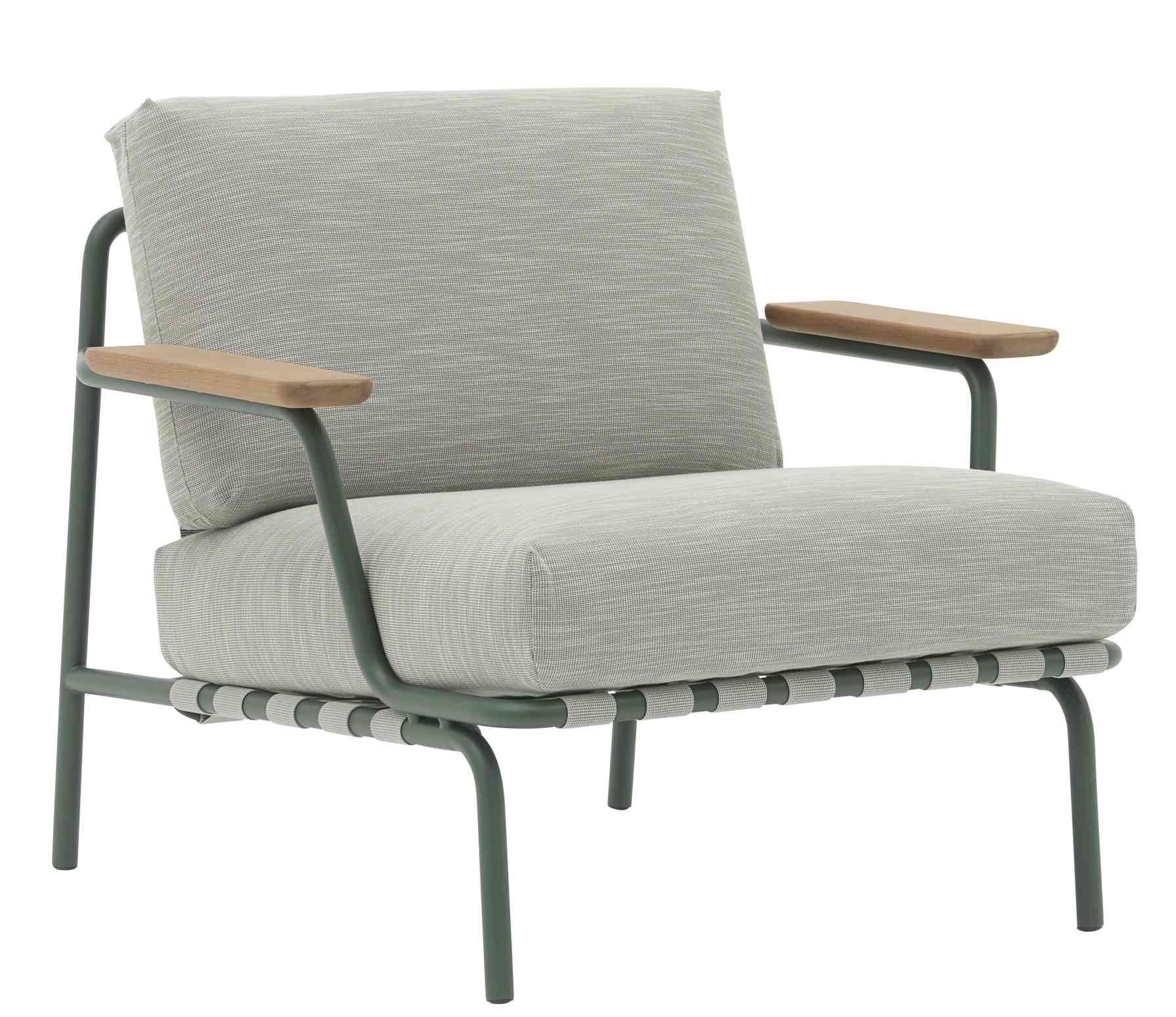 Muuto Settle Lounge Chair Outdoor: Grauer Sessel mit Holzarmlehnen und grünem Metallgestell.