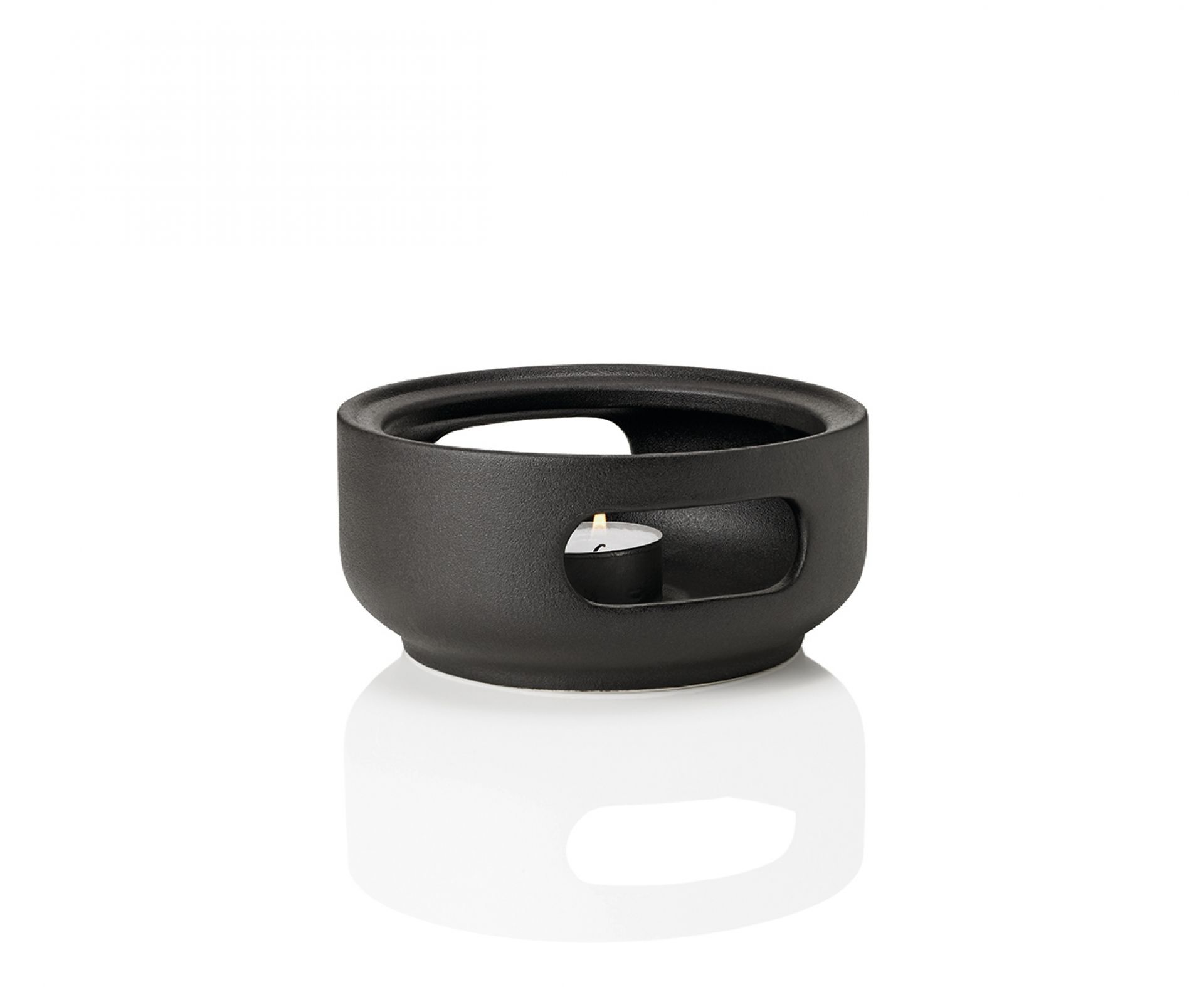 Schwarzes Stelton Theo Stövchen EINZELSTÜCK aus Steinzeug mit Teelicht zur Warmhaltung von Tee oder Speisen.