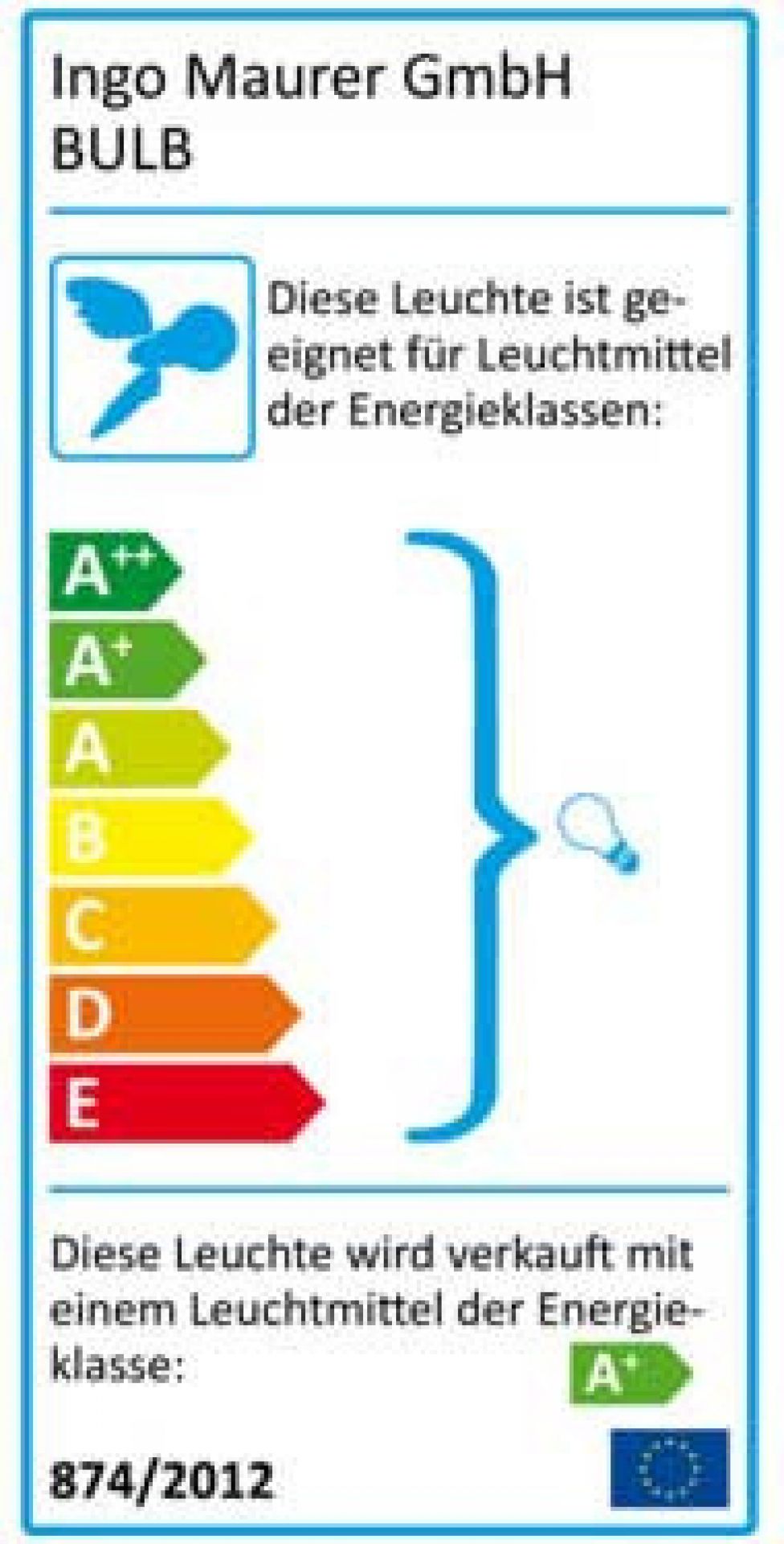 Energieeffizienzlabel der Ingo Maurer Bulb Tischleuchte mit Angabe der Energieklassen.