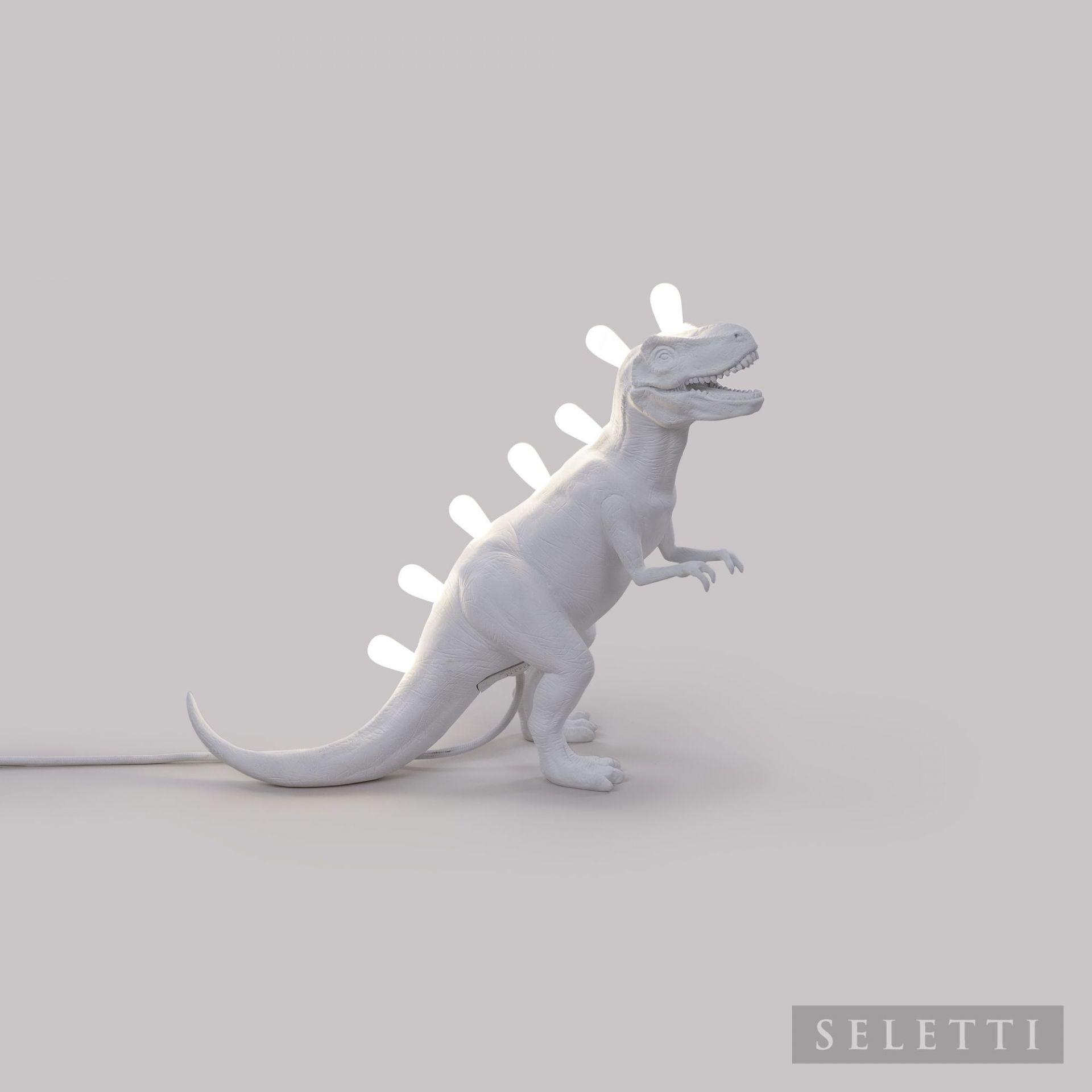 Weiße Jurassic Lamp Rex Leuchte von Seletti, Dinosaurier Lampe mit Leuchtmittel auf dem Rücken.