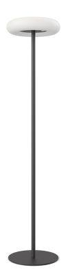 Schwarze Oto Stehleuchte von Belux mit rundem Fuß und hellem, weißem Licht.
