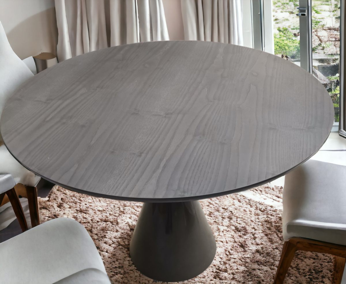 Anthrazitfarbener, runder Esstisch Pion von Sancal mit Holzmaserung und zentralem Sockel. Moderner Design Tisch für Esszimmer.