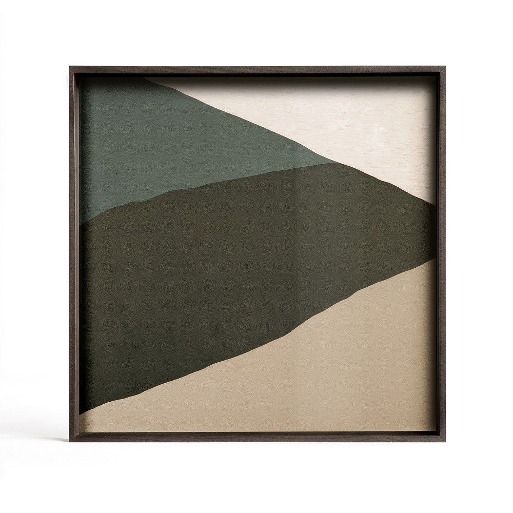 Ethnicraft Tray Tablett für quadratischen Couchtisch mit abstraktem, grün-beige farbenem Muster und dunklem Holzrahmen.