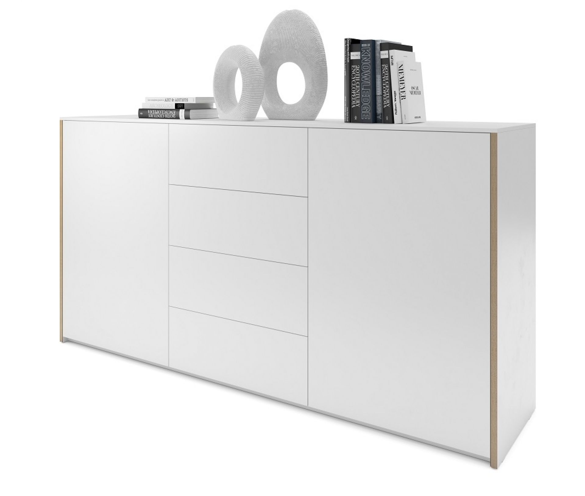 Weißes Sideboard "Modular Plus" von Müller Möbelwerkstätten mit zwei Türen und vier Schubladen.
