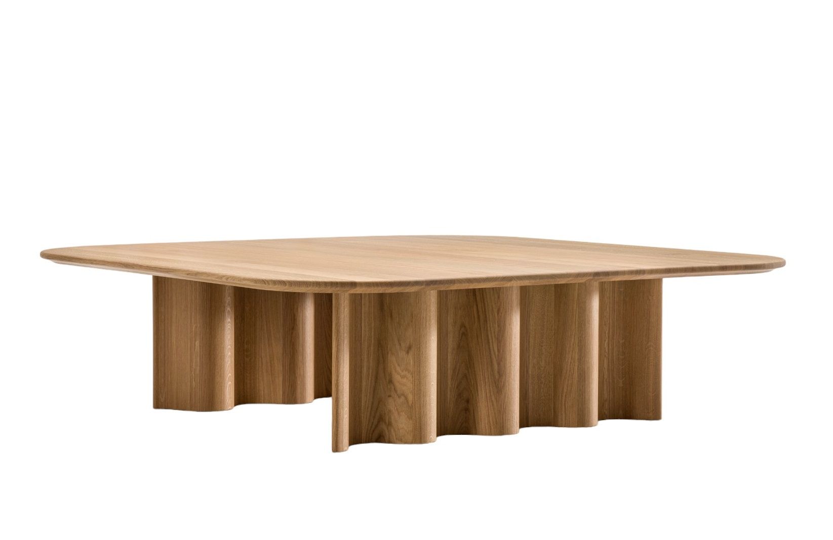 Curtain Couchtisch aus massivem Eichenholz, rechteckig, mit wellenförmigem Sockel. Modernes Design für Wohnzimmer.