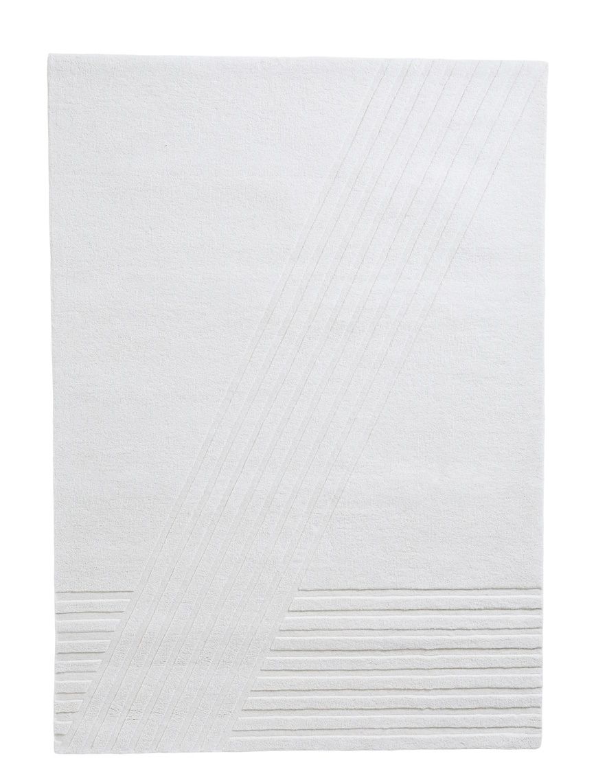 Weißer Kyoto Teppich von Woud (170x240 cm) mit geometrischen Linien und minimalistischem Design.