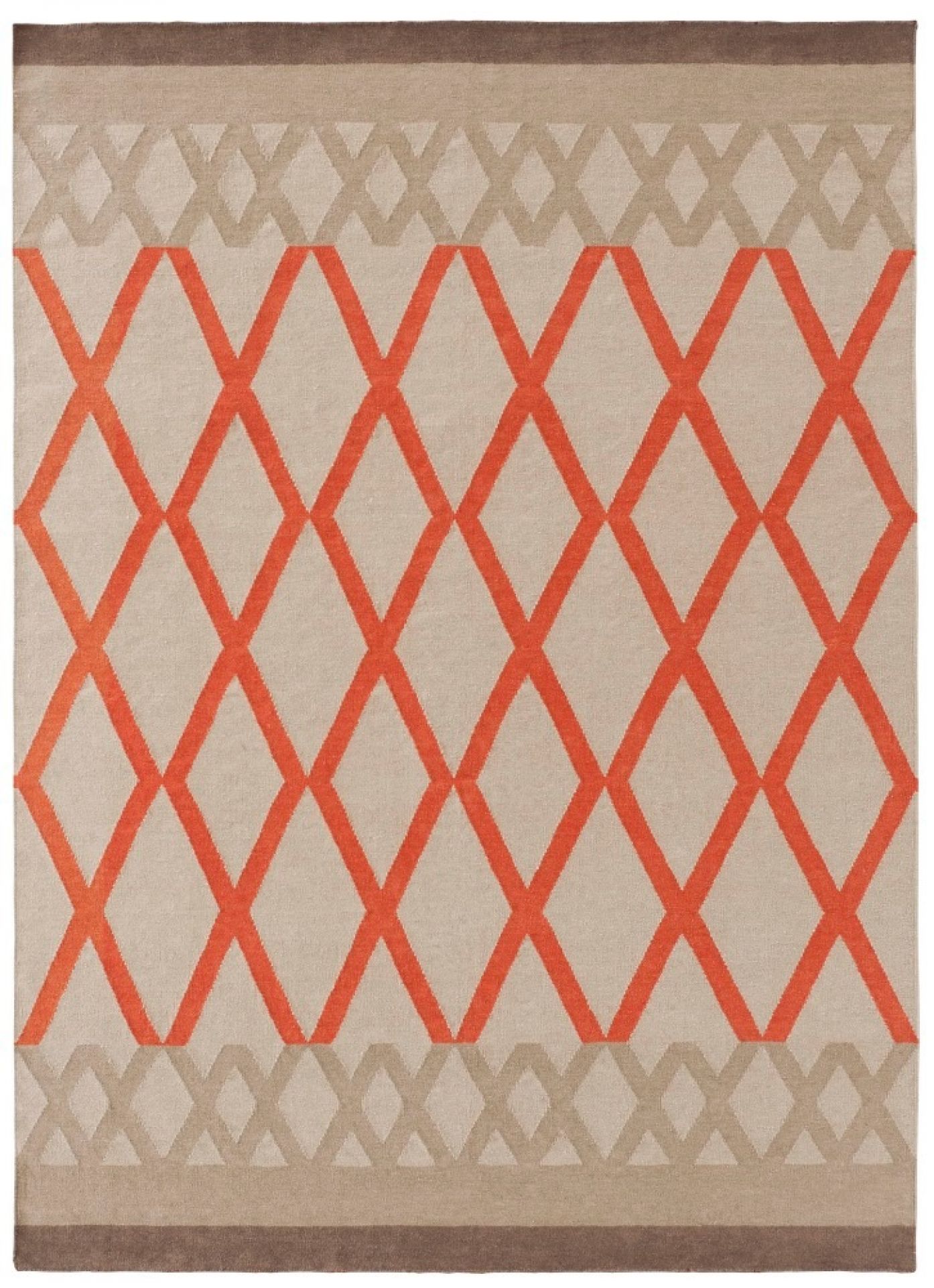 GAN Kilim Teppich mit orangefarbenen Rauten auf beigem Grund, modernes Design, 200x300 cm.