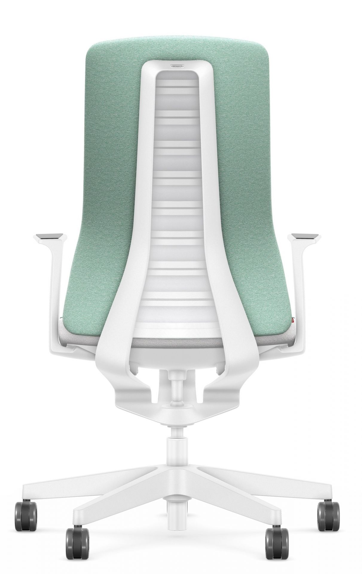 Rückansicht Interstuhl Bürostuhl Pure Edition in Türkis mit weißem Gestell und Rollen.