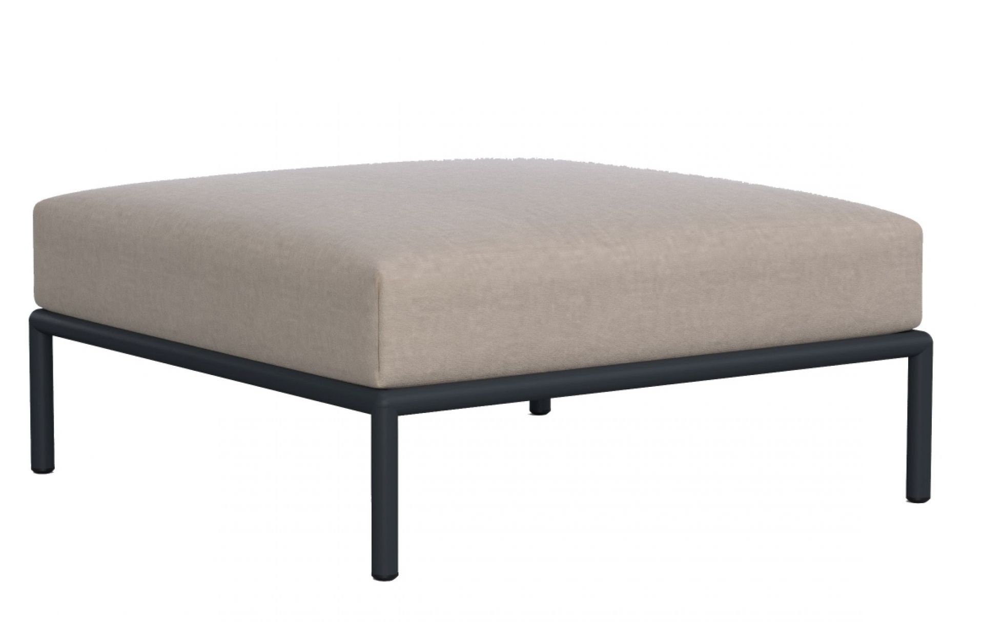 Beiger Level Ottoman Outdoor Hocker mit schwarzem Metallgestell für Garten und Terrasse.