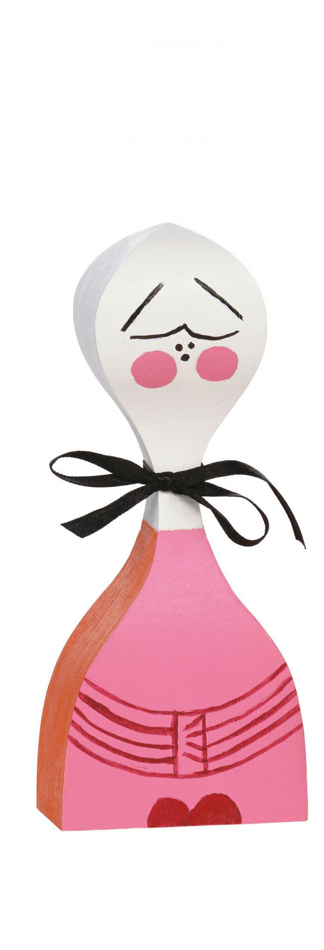 Vitra Wooden Doll No. 2, handbemalte Holzfigur mit schwarzer Schleife und rosa Details.
