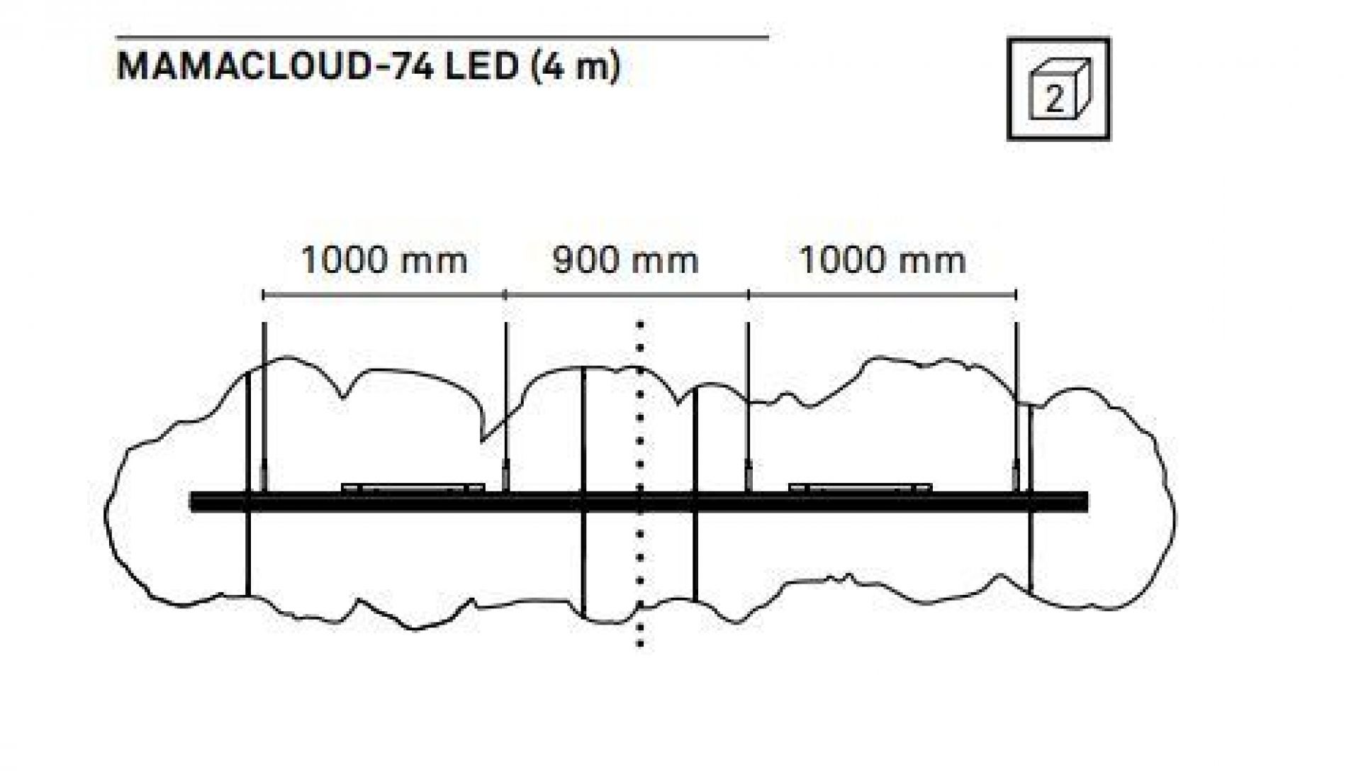 Technische Zeichnung der Mamacloud LED Pendelleuchte von Belux mit Maßen und Aufhängung.