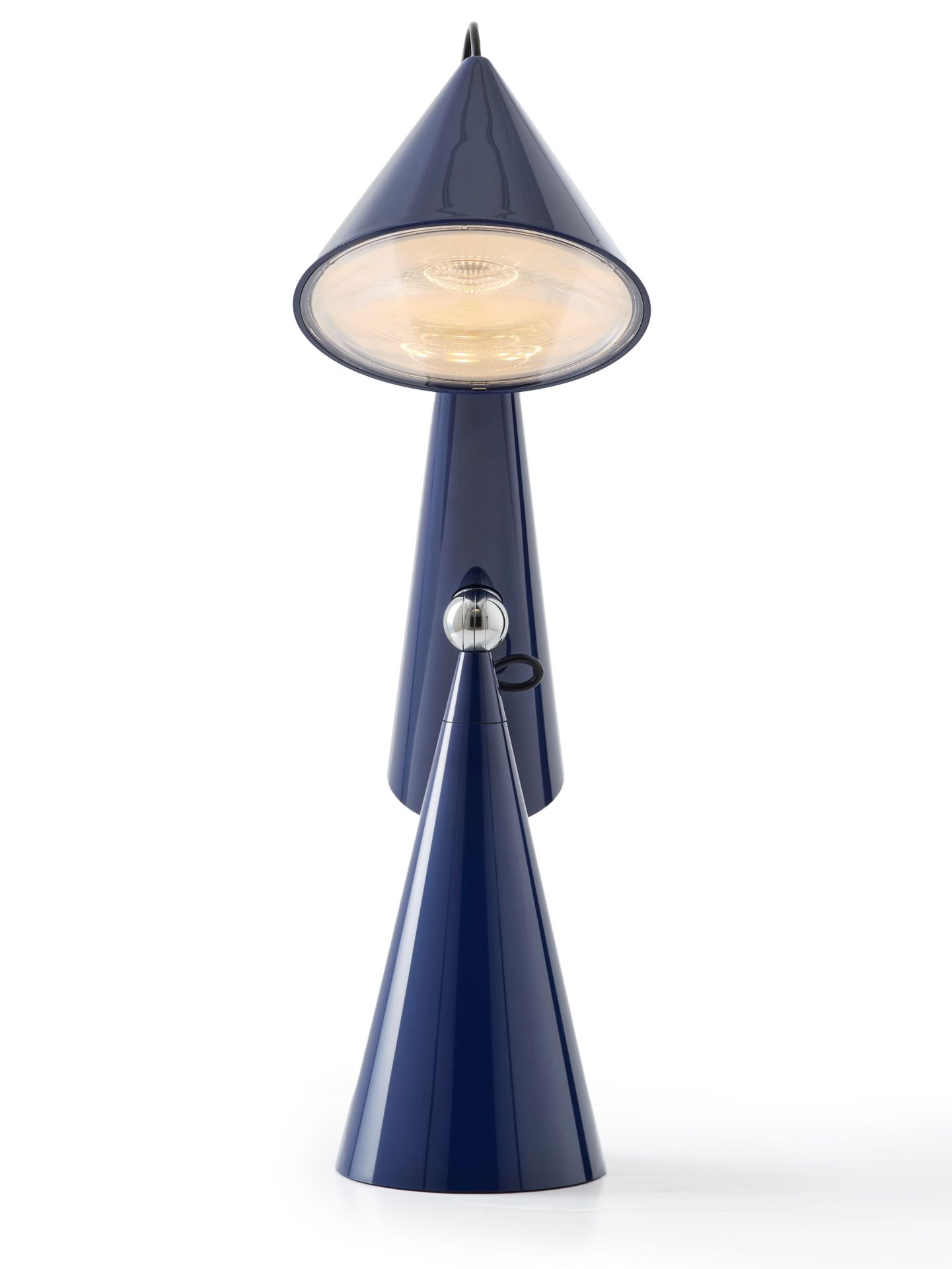 Nahaufnahme der Tom Dixon Pose Task Light LED Tischleuchte in Indigo.