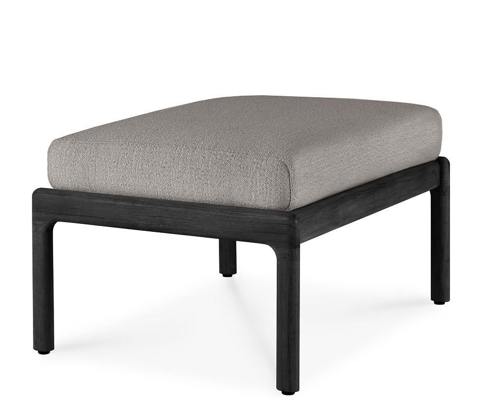 Jack Outdoor Polsterhocker mit Teakholzrahmen in Schwarz und mokkafarbenem Polster für den Garten.