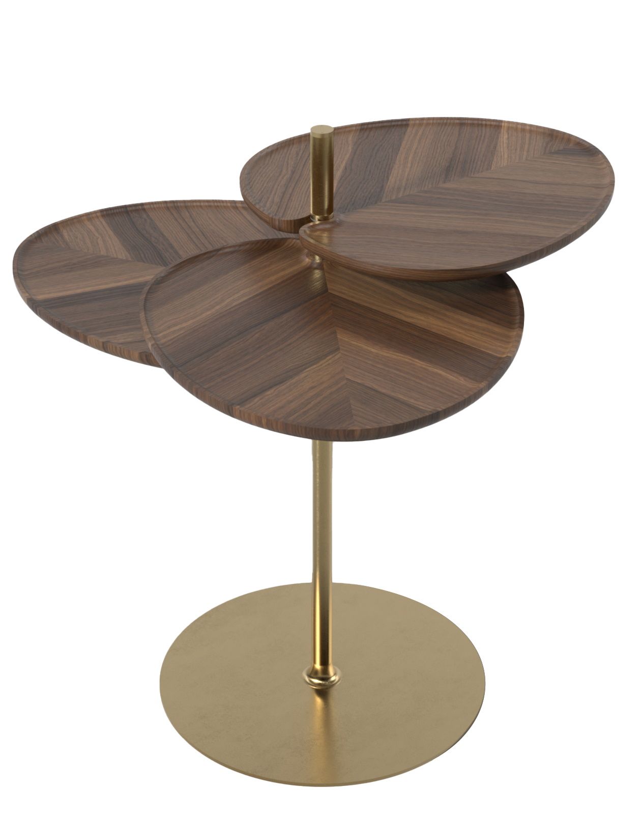 Leaf 3 Side Table: Moderner Beistelltisch mit drei blattförmigen Holzplatten und goldenem Fuß.