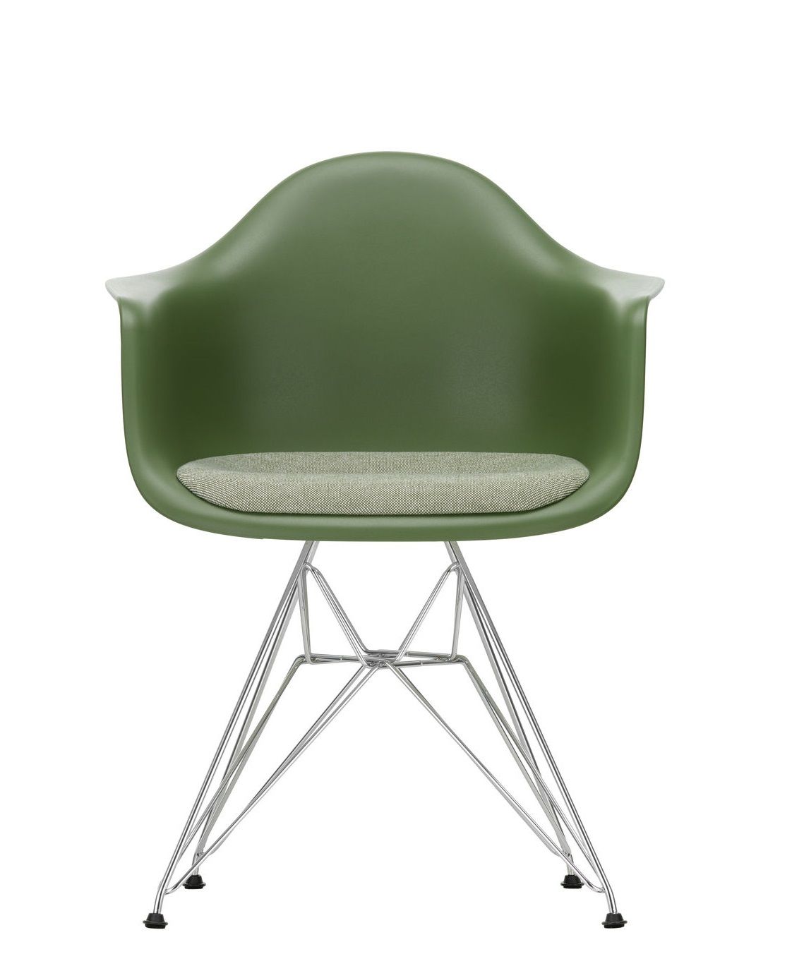 Grüner Eames Plastic Arm Chair DAR mit Sitzpolster und verchromtem Drahtgestell von Vitra.