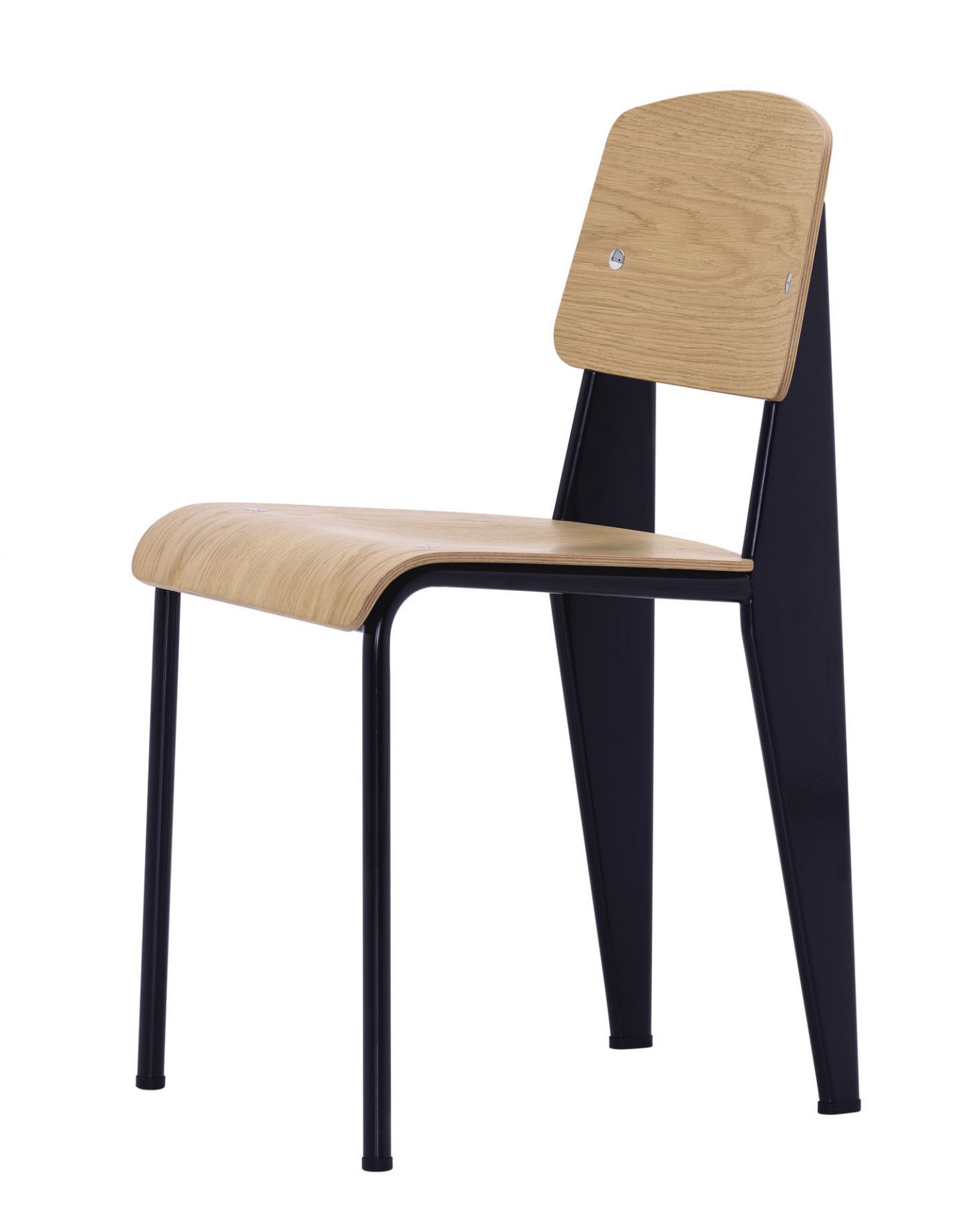 Vitra Standard Stuhl mit hellem Holz und schwarzem Metallgestell, Ansicht von der Seite.