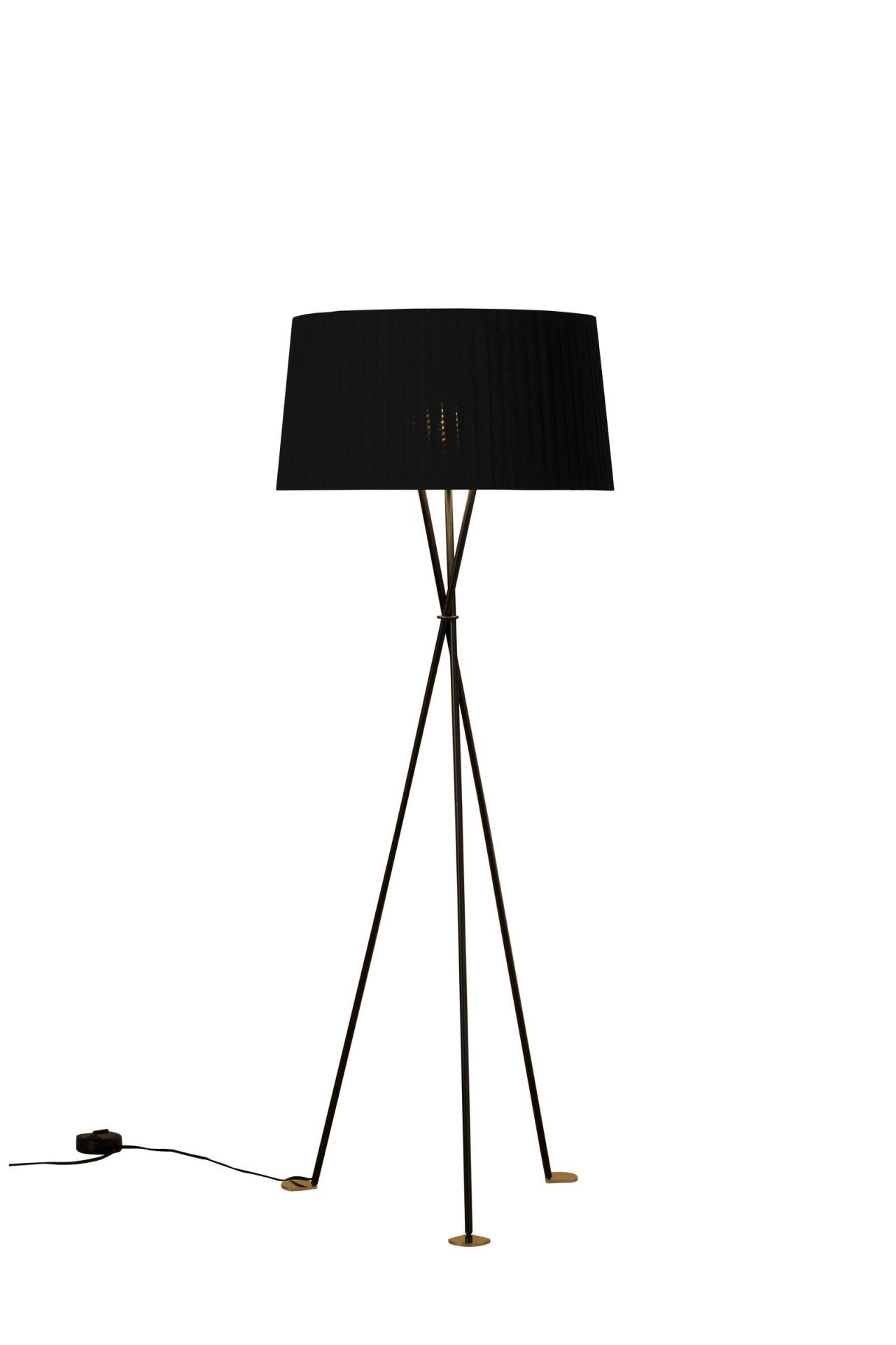 Tripode G5 Stehleuchte von Santa & Cole in Schwarz mit Stoffschirm und Stativbeinen.