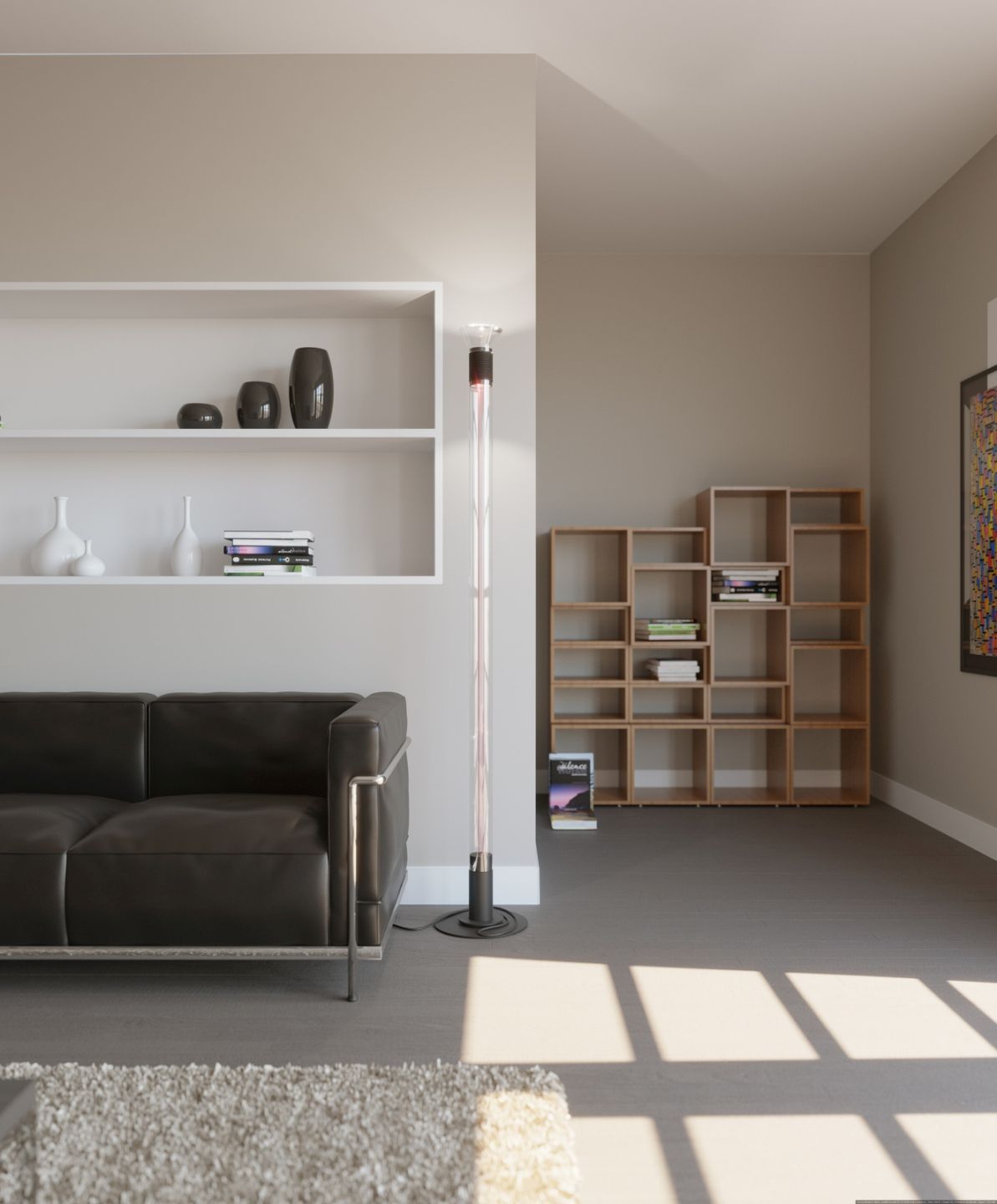 Dia Stehleuchte von Martinelli Luce im modernen Wohnzimmer mit Sofa und Regal.