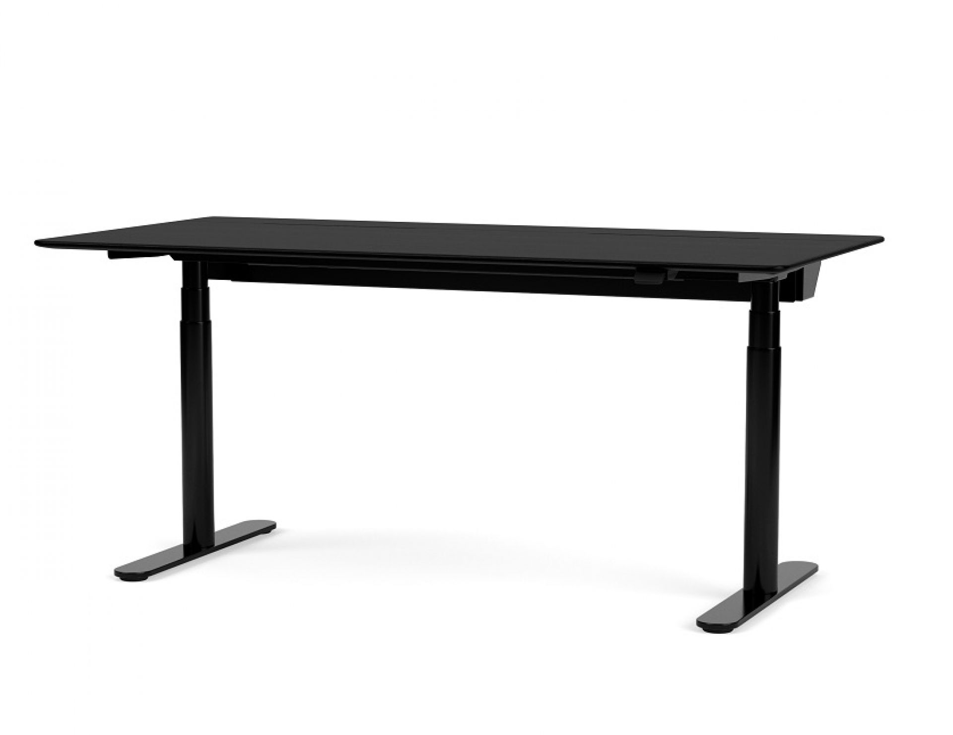 Schwarzer HiLow 2 Arbeitstisch mit höhenverstellbarem Gestell und verschiebbarer Tischplatte für ergonomisches Arbeiten.