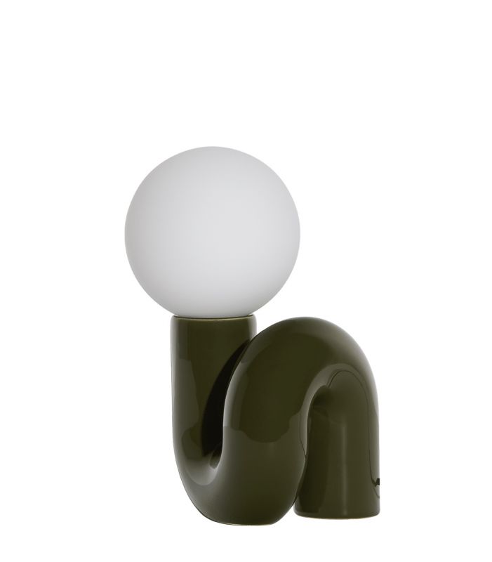 Neotenic Small Table Lamp von Petite Friture: Grüne Tischleuchte mit runder, weißer Glühbirne.