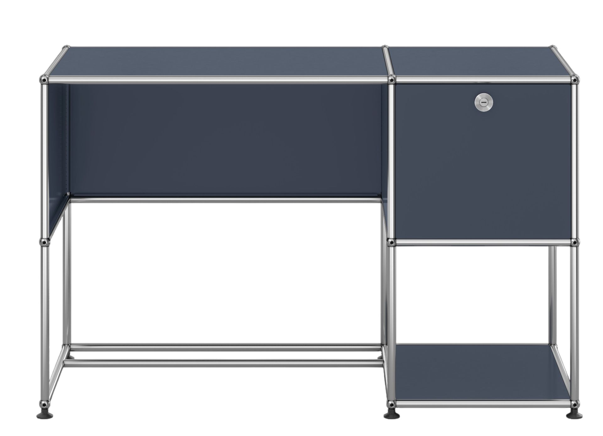 USM Haller Schreibtisch in Anthrazitgrau mit integriertem Schubladenelement und verchromtem Gestell für modernes Bürodesign.