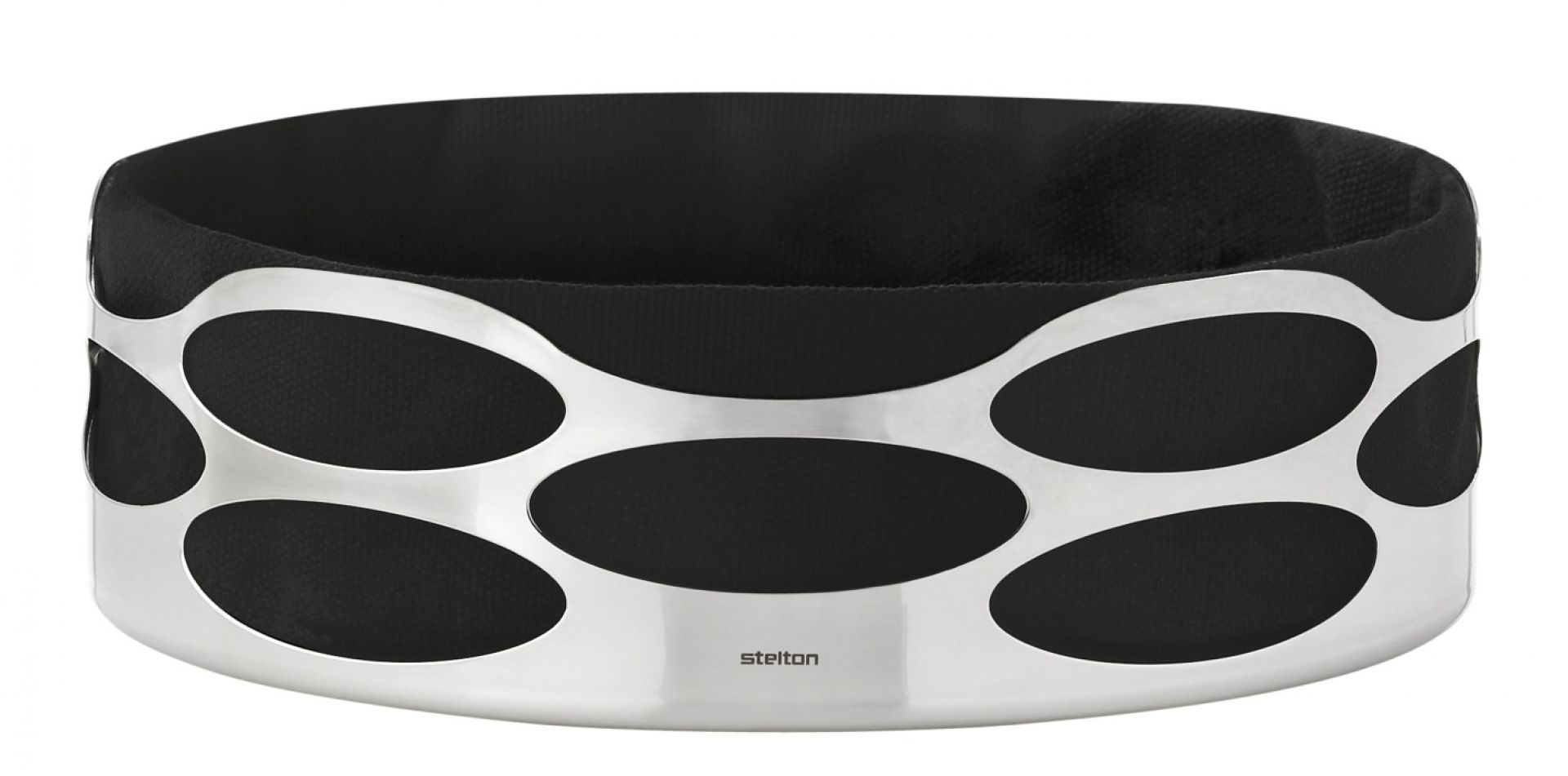 Stelton Embrace Brottasche mit schwarzem Stoffeinsatz und Edelstahl-Design, moderne Brotaufbewahrung für Tisch und Küche.