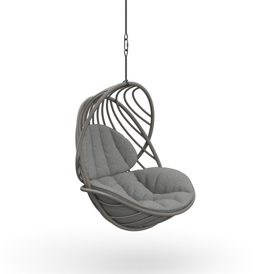 Kida Hängesessel von Dedon mit grauer Polsterung, schwebend an einer Kette. Bequemer Outdoor-Sessel.