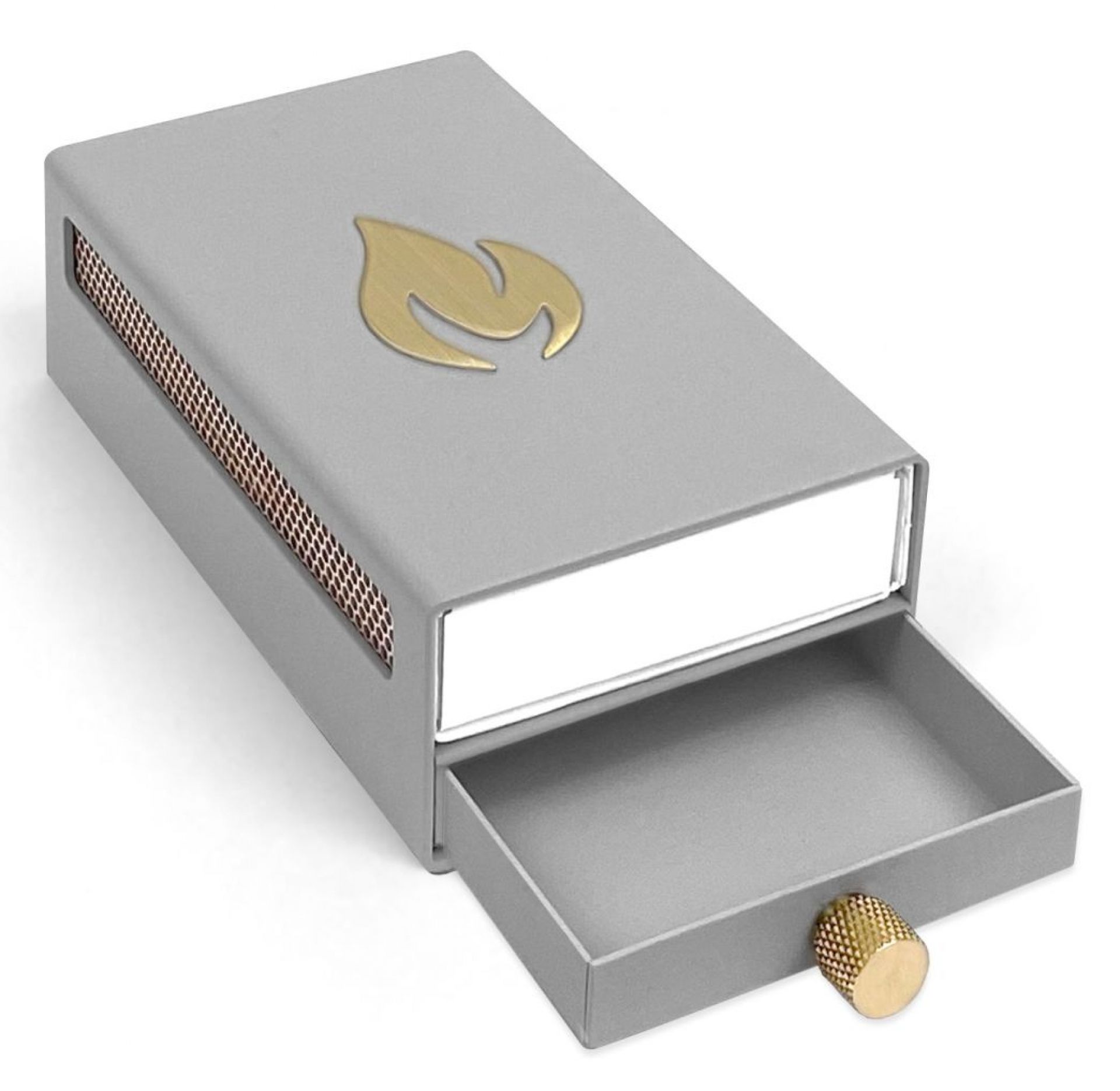 Graue Design Streichholzschachtel-Hülle mit goldenem Flammen-Motiv und ausziehbarer Schublade. Dekorative Zündholzbox für stilvolles Anzünden.