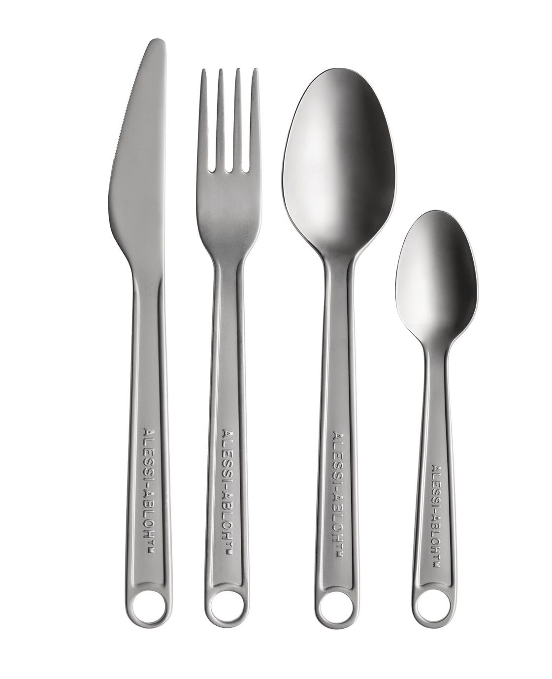 Alessi Besteckgarnitur, VA02S4 Conversational Objects, Messer, Gabel, Löffel und Teelöffel aus Edelstahl auf weißem Hintergrund.