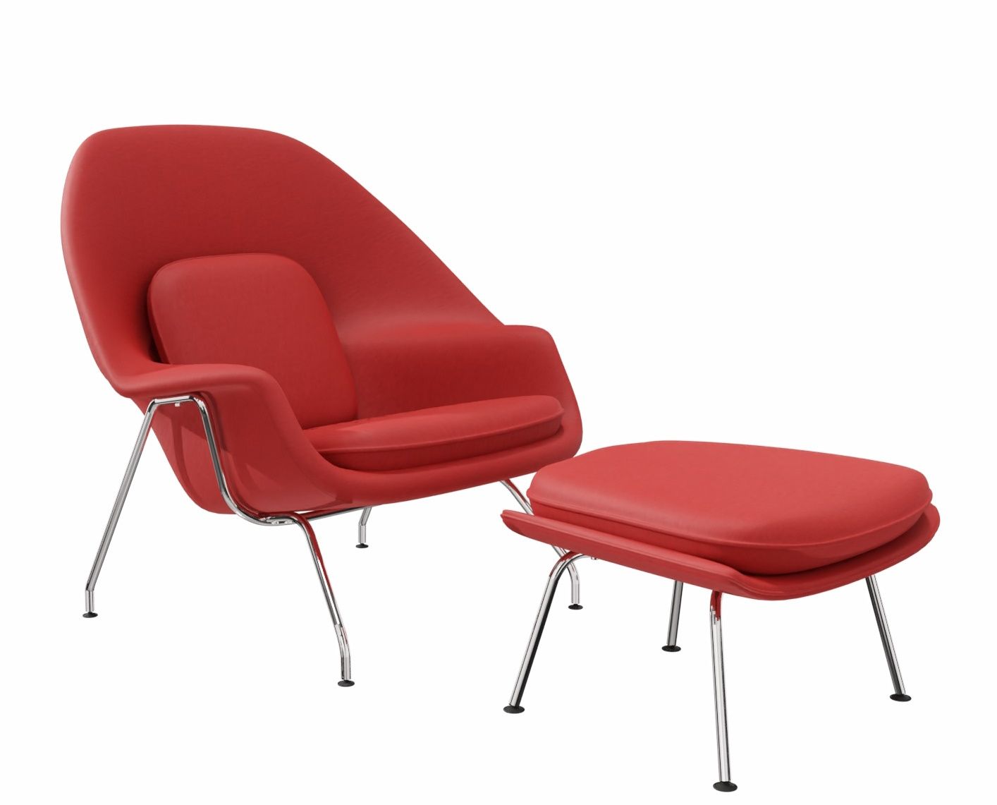 Roter Womb Sessel mit Hocker von Knoll International, moderner Loungesessel mit Chromgestell.