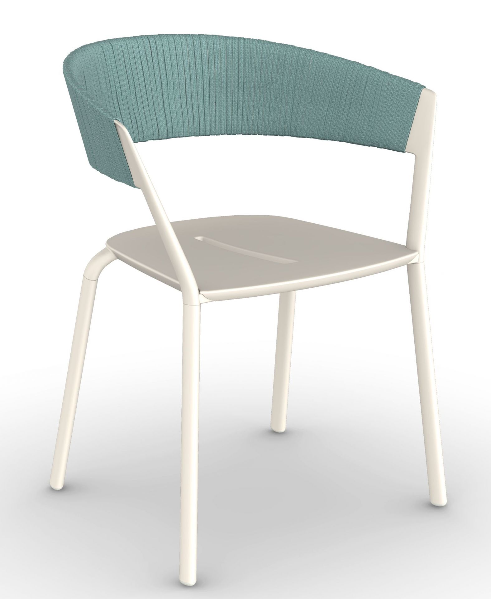 Ria Stuhl mit Armlehne, weißem Gestell und türkisfarbener Rückenlehne aus geflochtenem Textil.