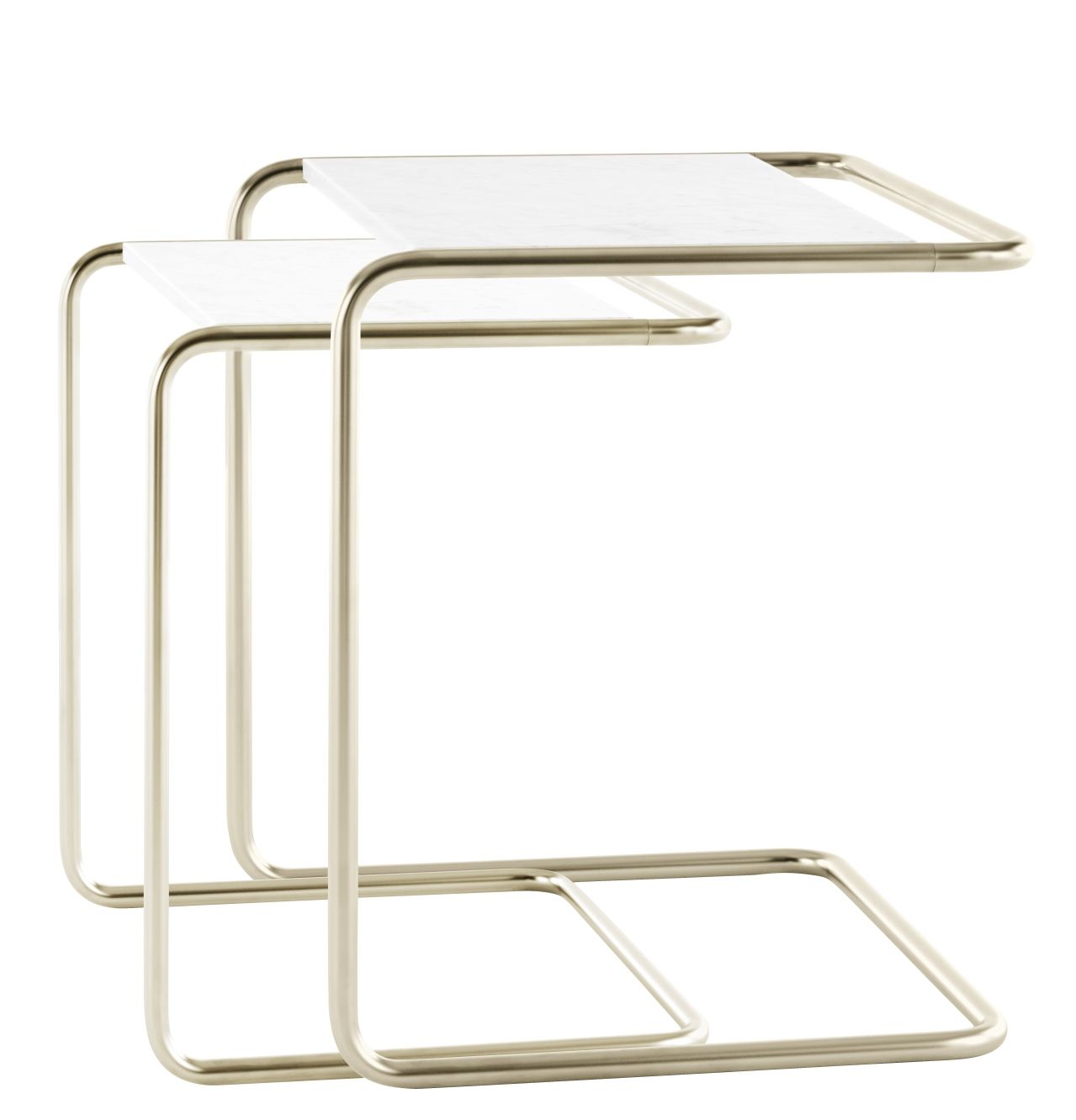 Zwei JS. Thonet B97 Beistelltische, minimalistisches Design mit weißer Tischplatte und verchromtem Stahlrohrgestell.
