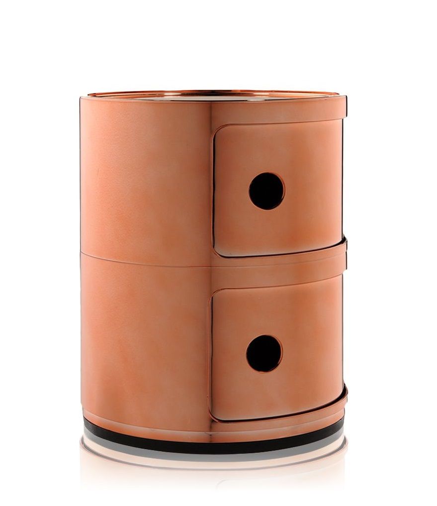 Componibili 2er Element von Kartell in Kupfer-Metallic: Moderner Nachttisch mit zwei Fächern für Schlafzimmer und Wohnbereich.