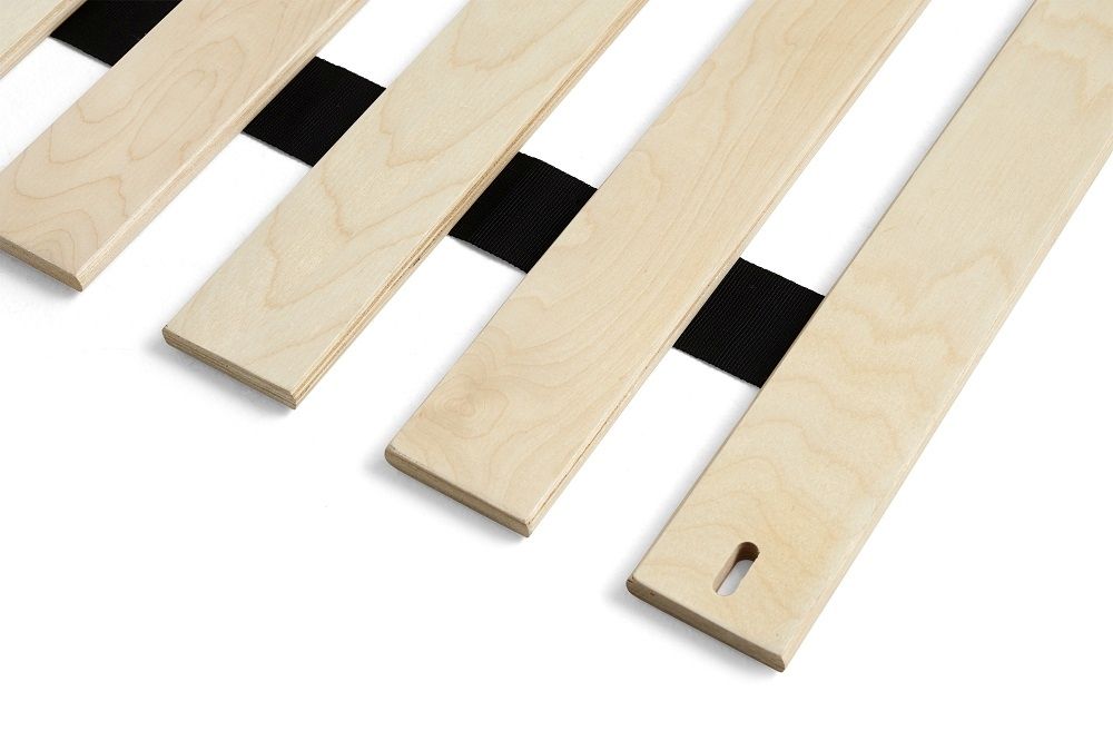 Nahaufnahme von Standard Lattenrosten für ein Bett mit schwarzen Haltebändern.