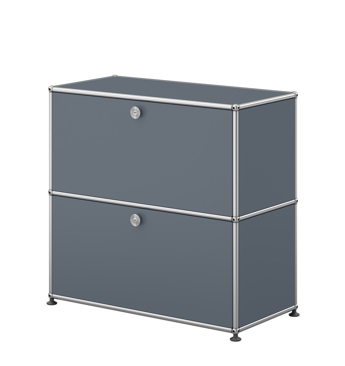 USM Haller Sideboard klein in Mittelgrau mit zwei abschließbaren Fächern und verchromtem Gestell.