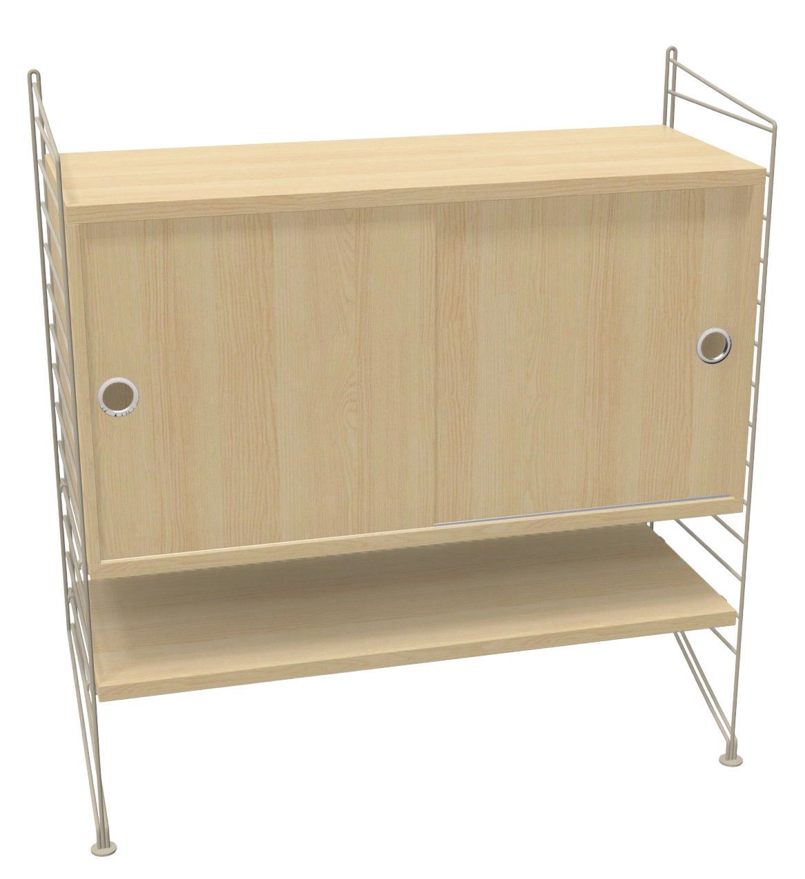 String Furniture Regalsystem mit Schiebetüren und einem Regalboden in hellem Holz.