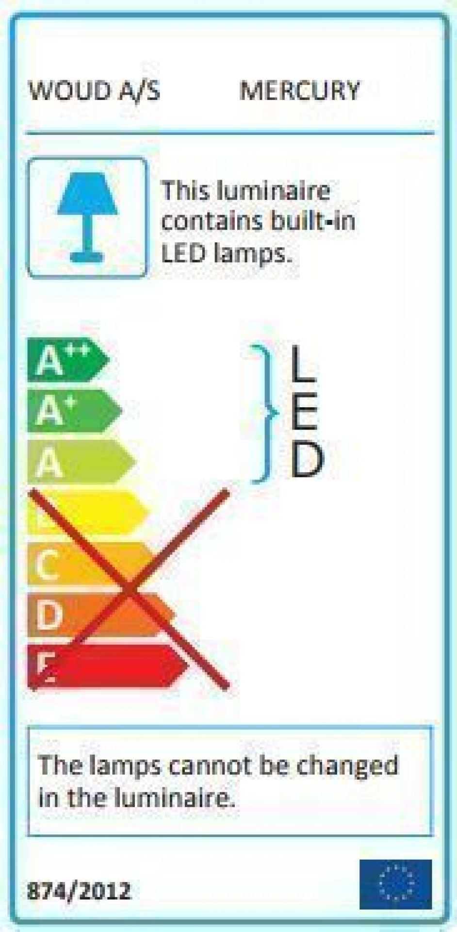 Energielabel der Mercury Wandleuchte von Woud mit integrierten LED-Lampen und Energieeffizienzklasse.