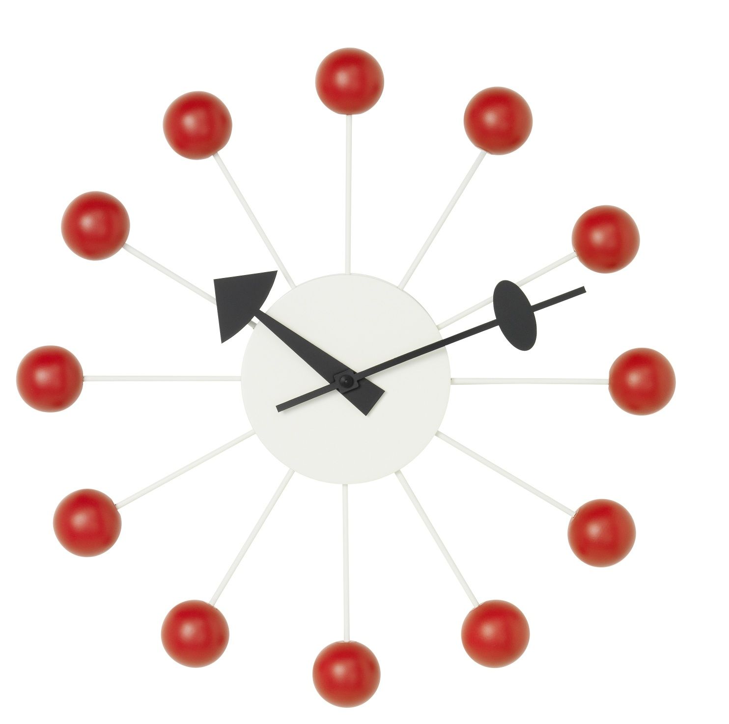 Rote Ball Clock Wanduhr von Vitra: Design Wanduhr mit roten Kugeln und schwarzen Zeigern.