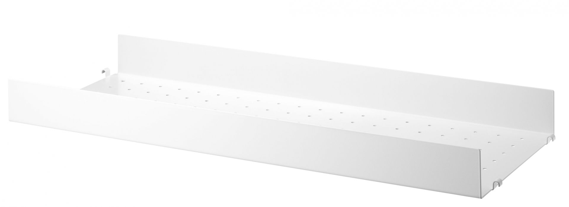 Weißer String Furniture Regalboden aus Metall mit hoher Kante, Breite 78 cm, Detailansicht.