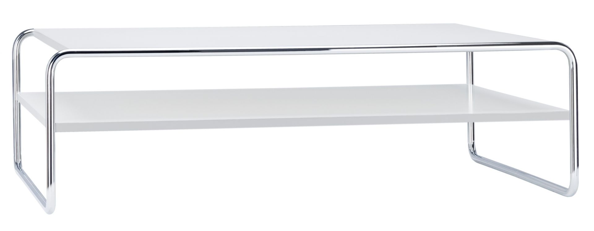 Weißer B 20 b/1 Thonet Couchtisch mit Fachboden und verchromtem Stahlrohrgestell. Modernes Design für Wohnzimmer.