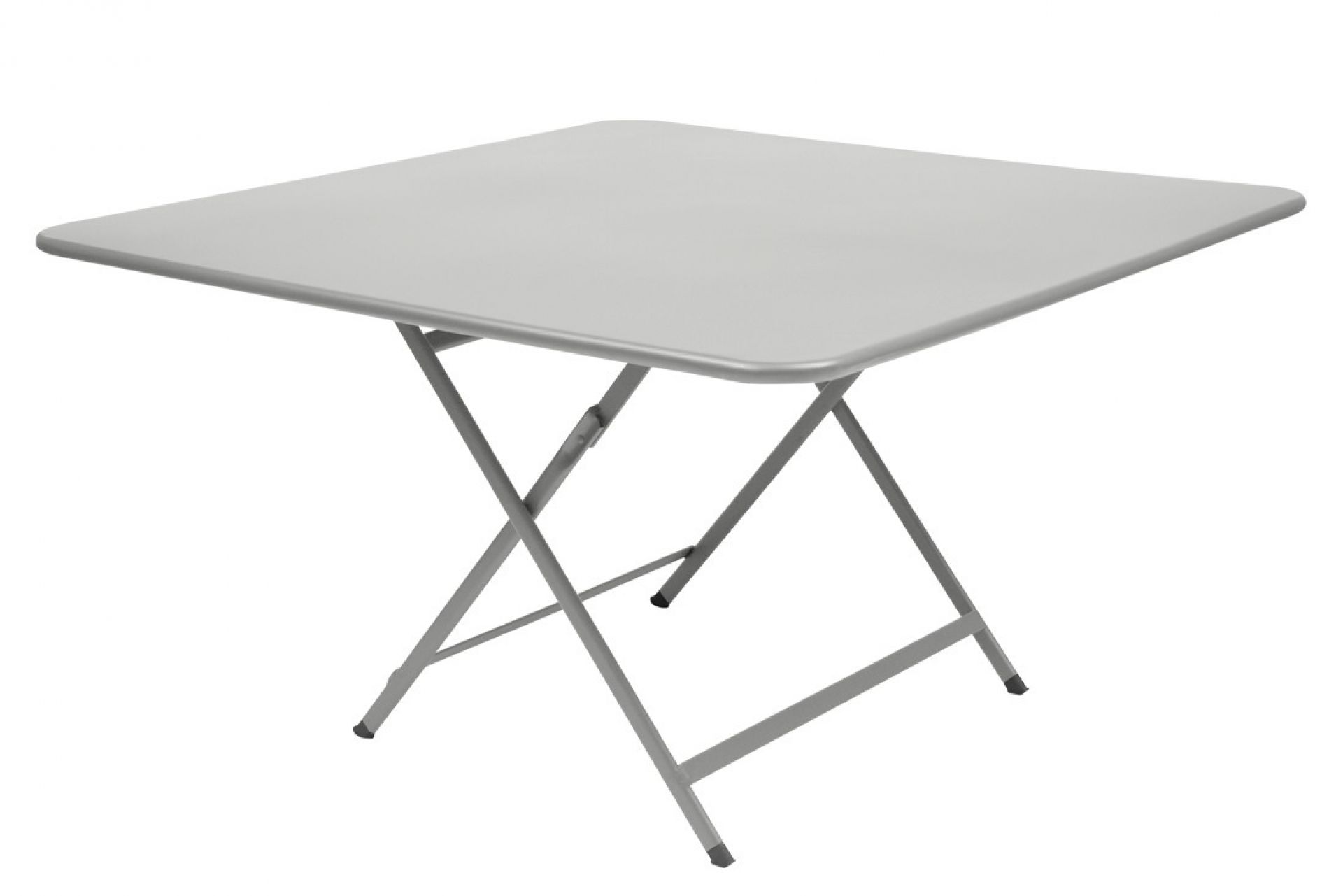 Silberner, quadratischer Fermob Caractere Klapptisch für den Outdoor-Bereich. Ideal für Garten, Balkon und Terrasse.