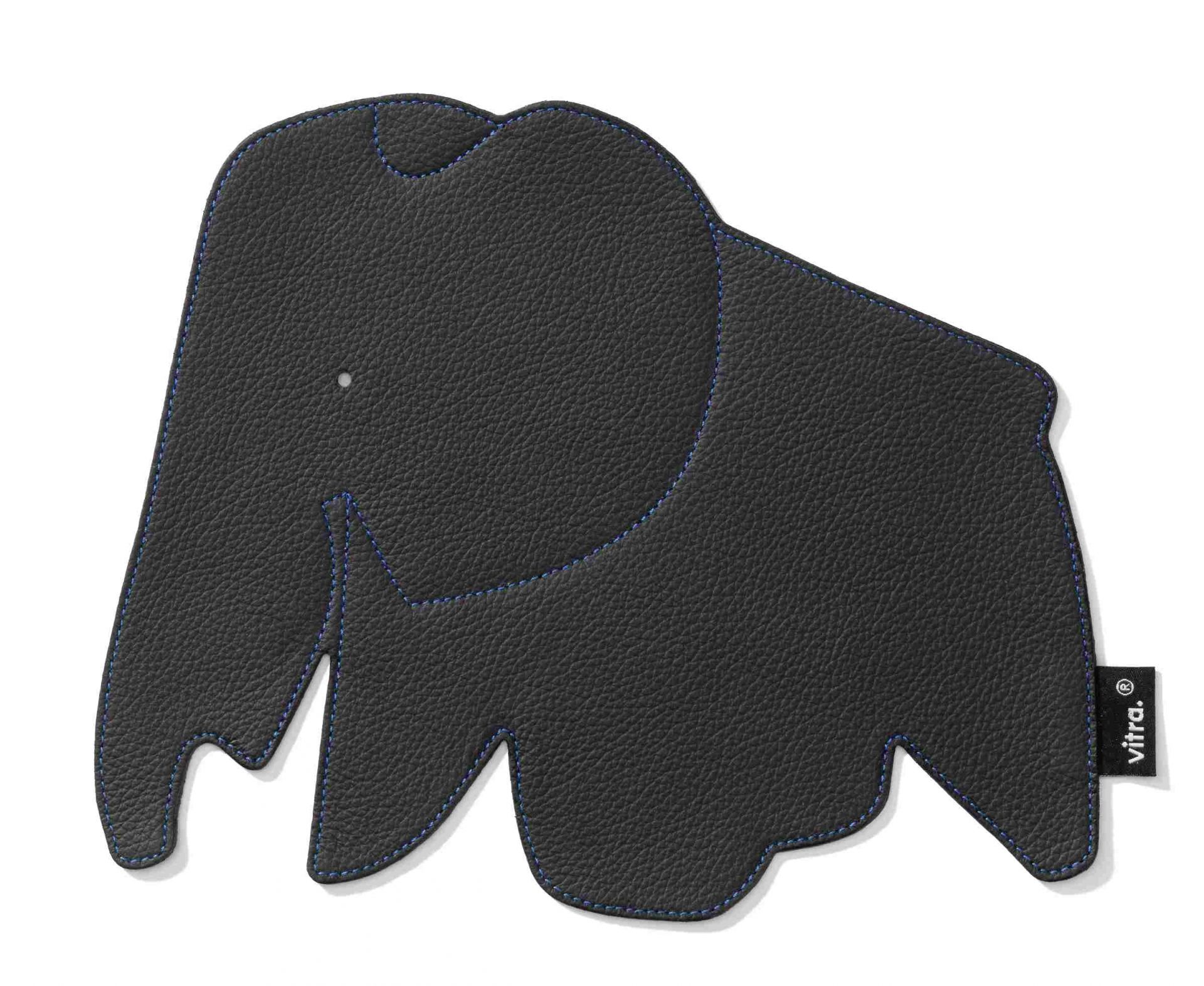 Schwarzes Elephant Pad Mousepad von Vitra in Elefantenform mit blauer Naht. Ergonomische Mausunterlage für Büro und Zuhause.