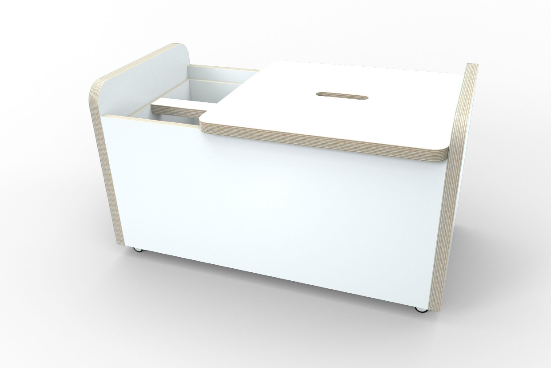 Growing Table: Weiße Spielzeugtruhe mit Rollen und Fächern zur Aufbewahrung.