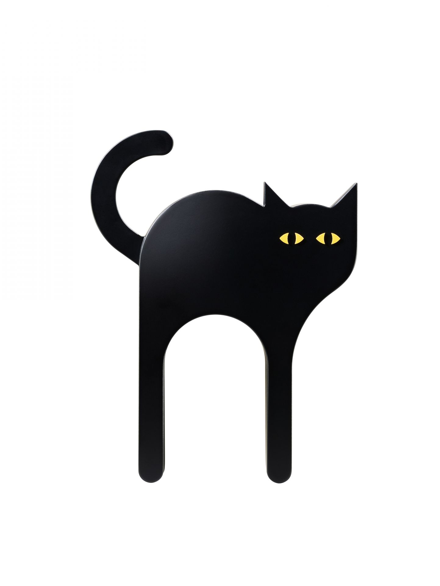 Schwarze Tecta Katze Holzfigur mit gelben Augen, moderne Dekoration für Katzenliebhaber.