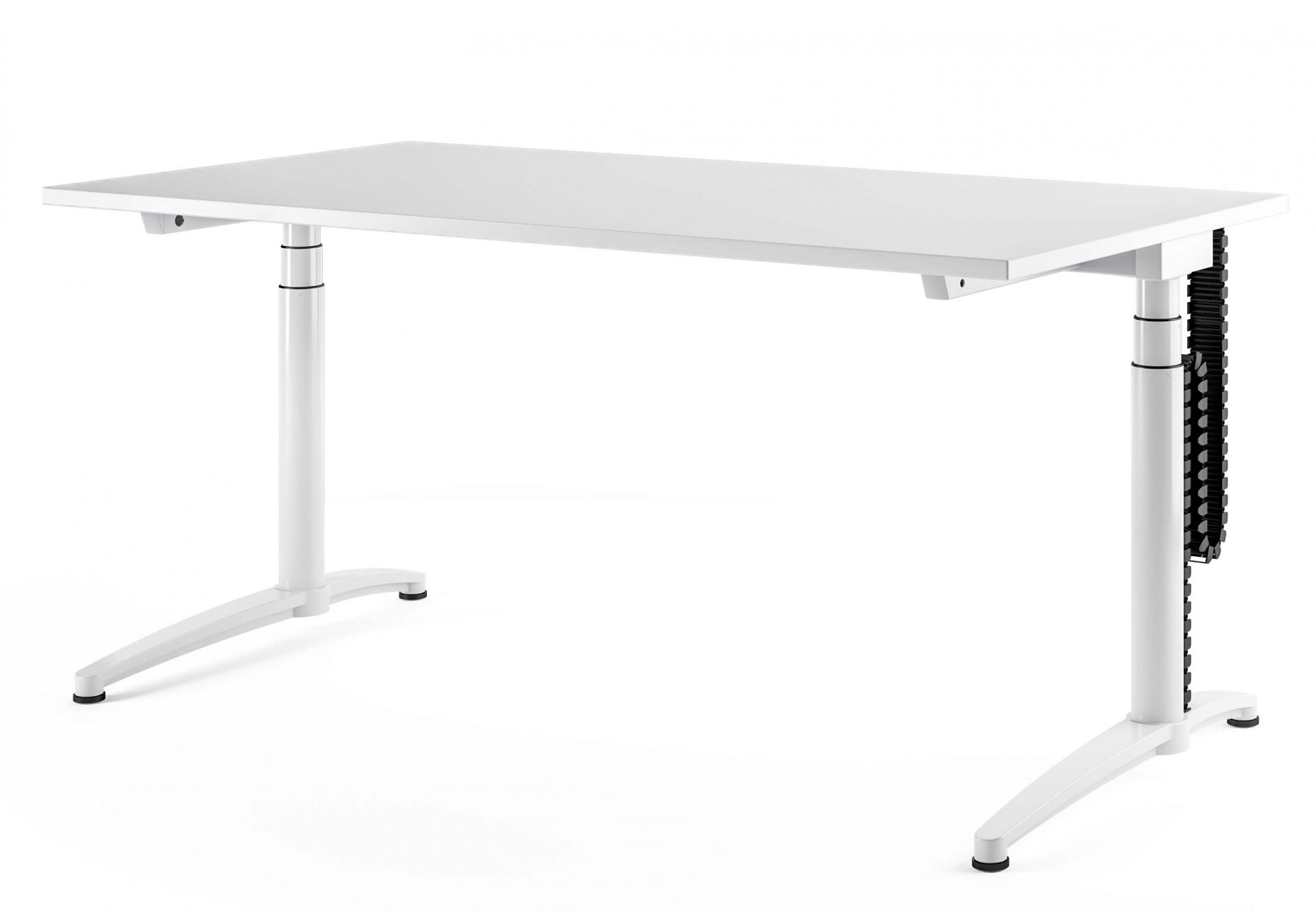 Weißer Canvaro Sitz-Steh-Tisch von Assmann Büromöbel. Ergonomischer, höhenverstellbarer Schreibtisch für modernes Büro.