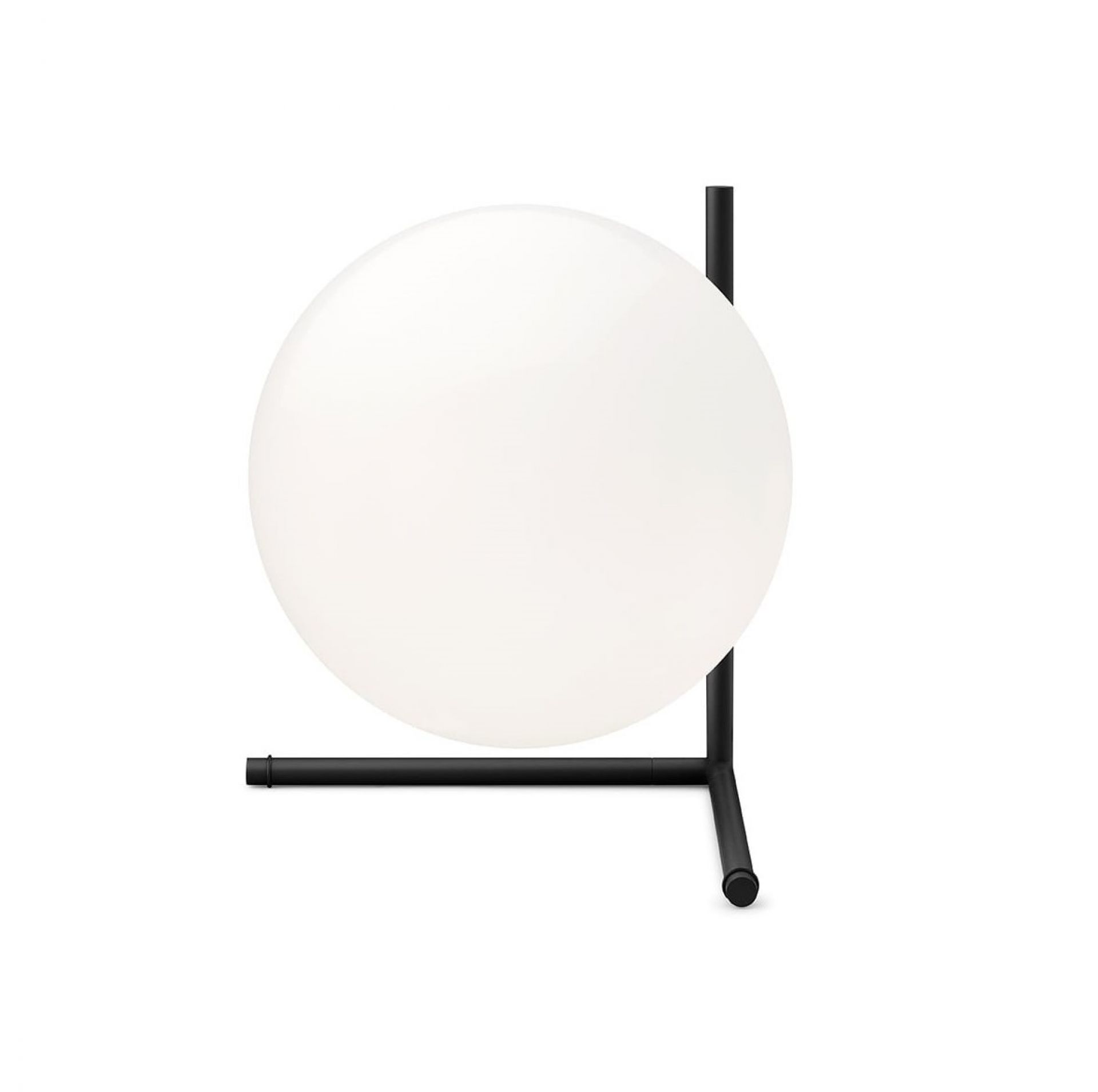 IC Lights T2 Tischleuchte von Flos: Moderne Tischlampe mit schwarzem Gestell und opalweißem Diffusor.